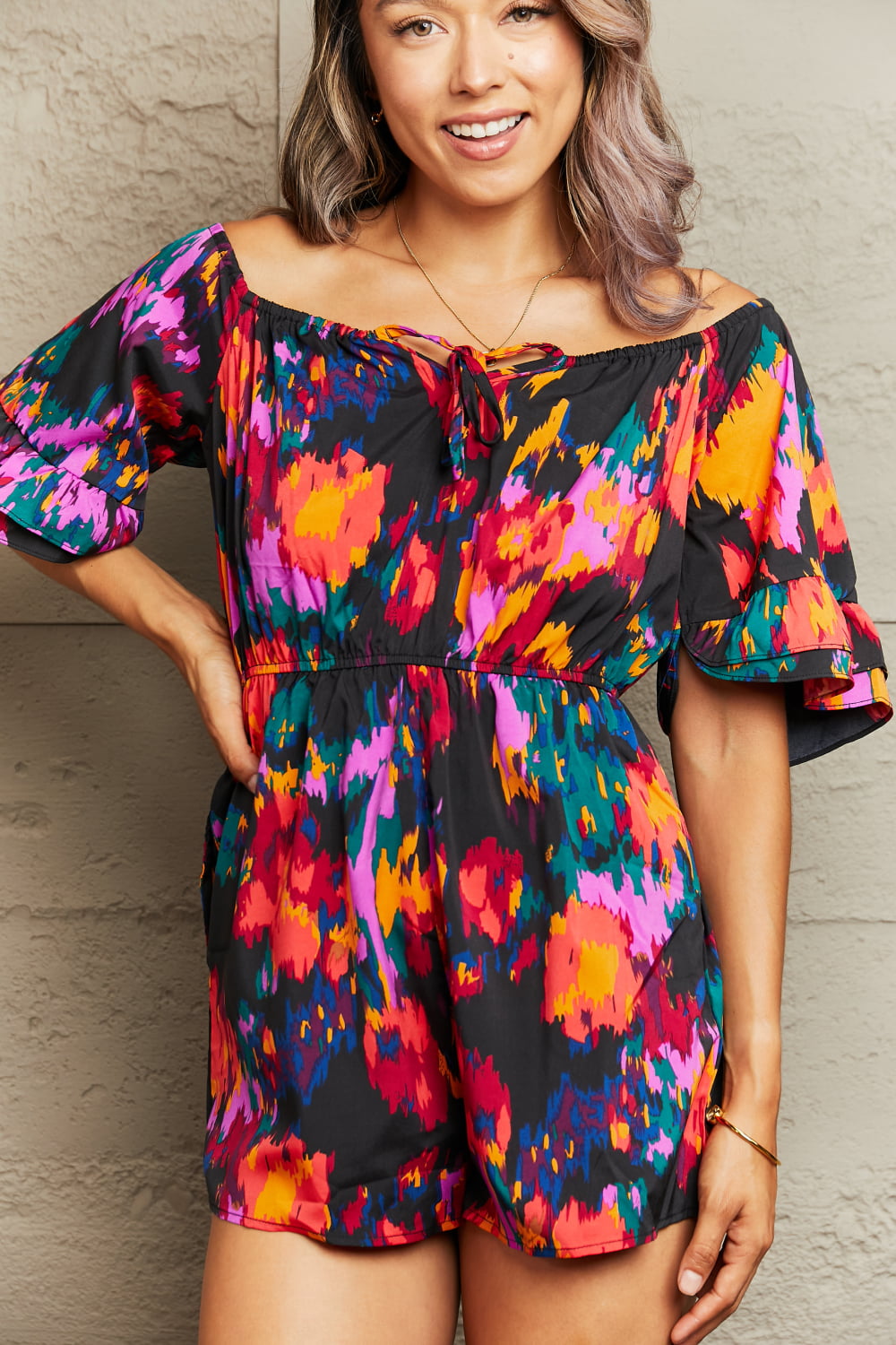 Printed Tied Flounce Sleeve Romper with Drawstring.