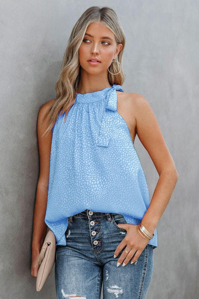 Printed tied Grecian neck tank.