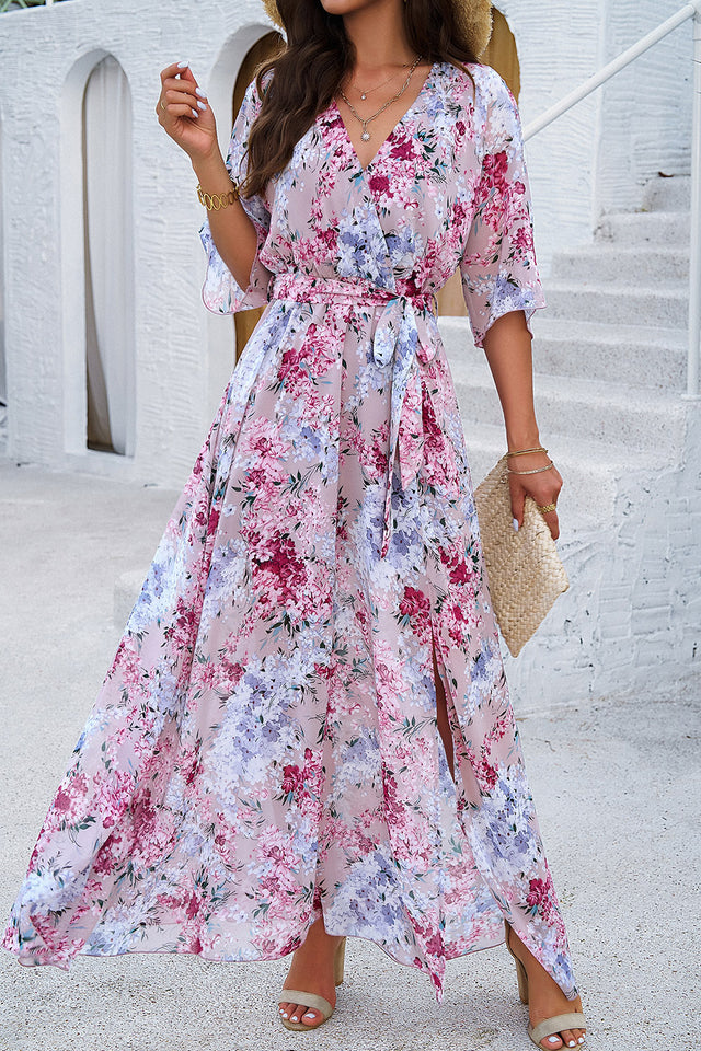 Devine Printed Tied Half Sleeve Slit Dress.