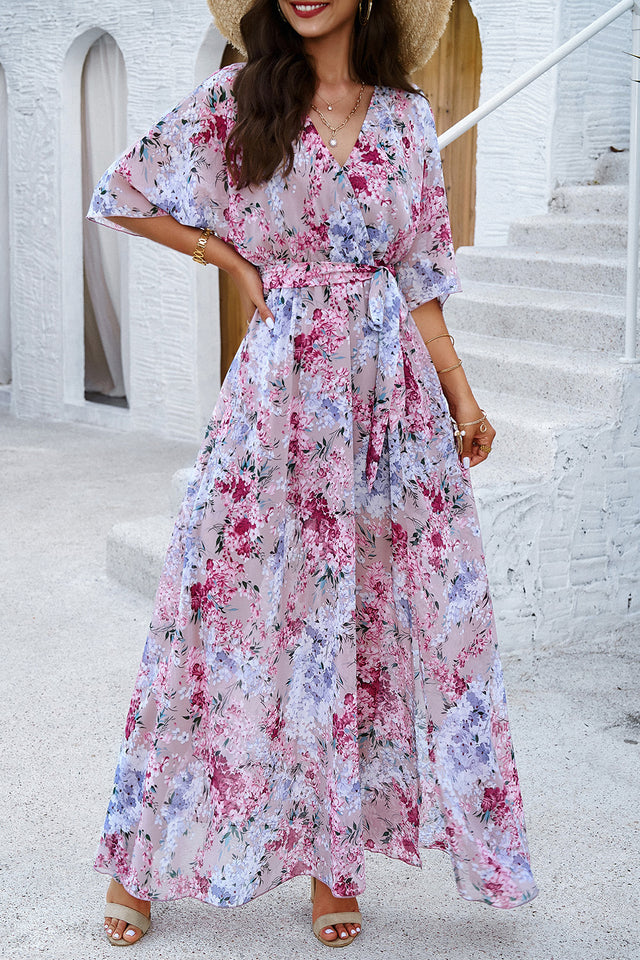 Devine Printed Tied Half Sleeve Slit Dress.
