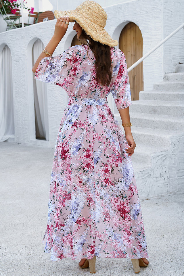 Devine Printed Tied Half Sleeve Slit Dress.