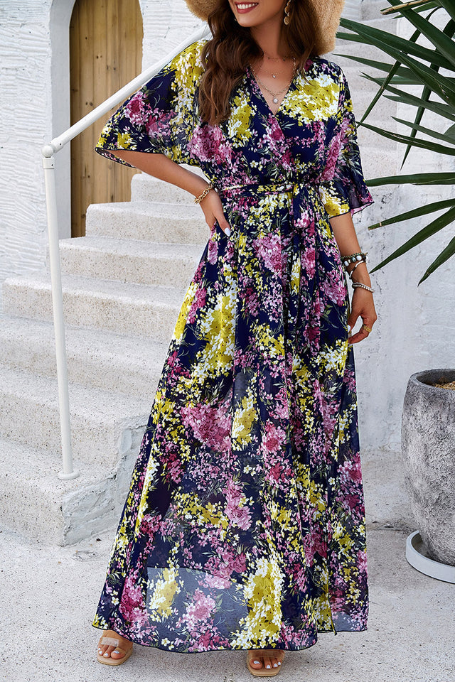 Devine Printed Tied Half Sleeve Slit Dress.