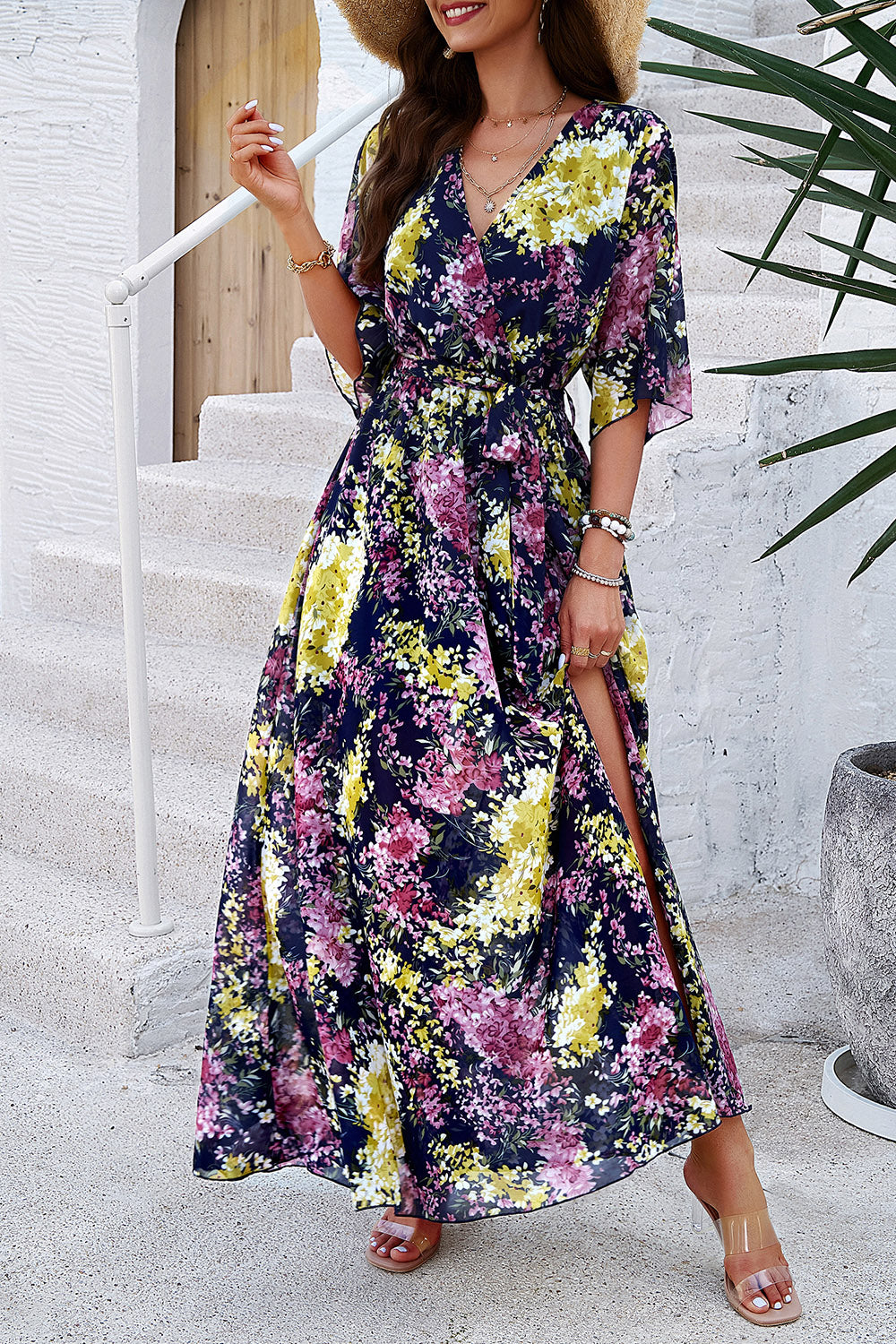 Devine Printed Tied Half Sleeve Slit Dress.
