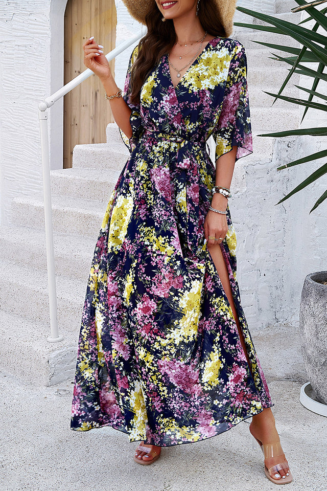 Devine Printed Tied Half Sleeve Slit Dress.