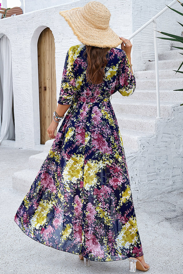 Devine Printed Tied Half Sleeve Slit Dress.