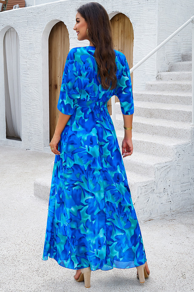 Devine Printed Tied Half Sleeve Slit Dress.