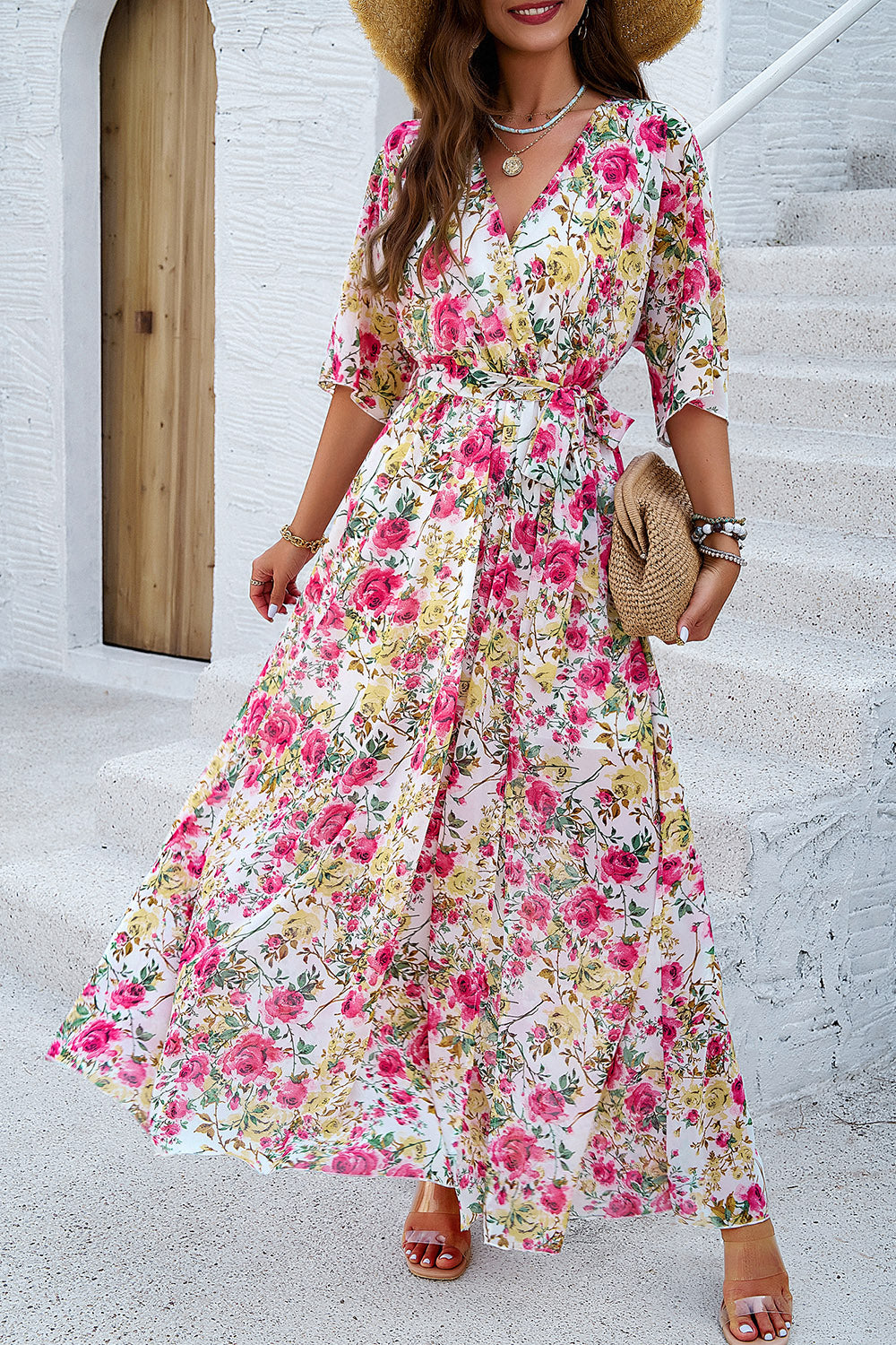 Devine Printed Tied Half Sleeve Slit Dress.