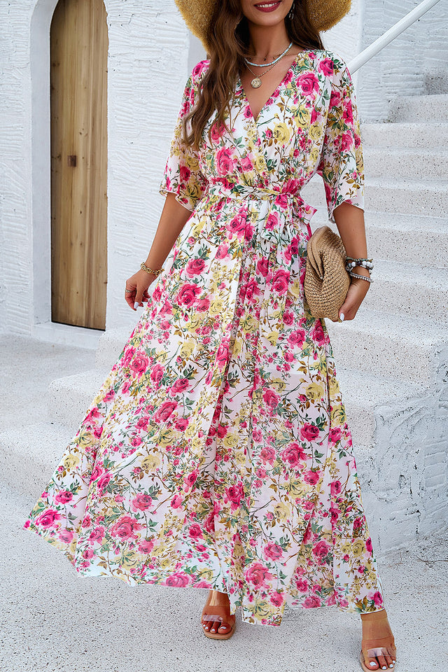 Devine Printed Tied Half Sleeve Slit Dress.