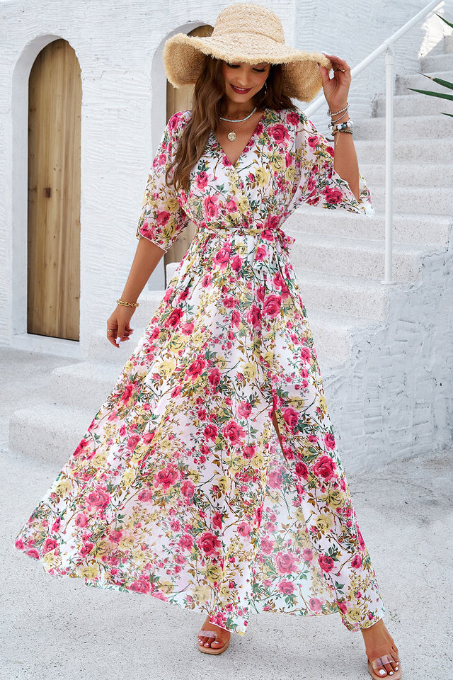 Devine Printed Tied Half Sleeve Slit Dress.