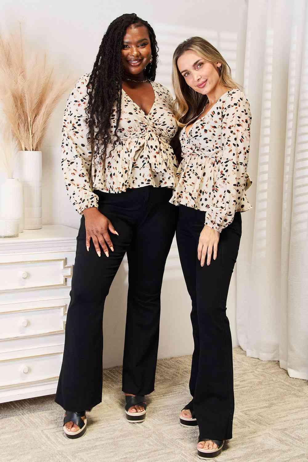 Honey Printed Tied Plunge Peplum Blouse.