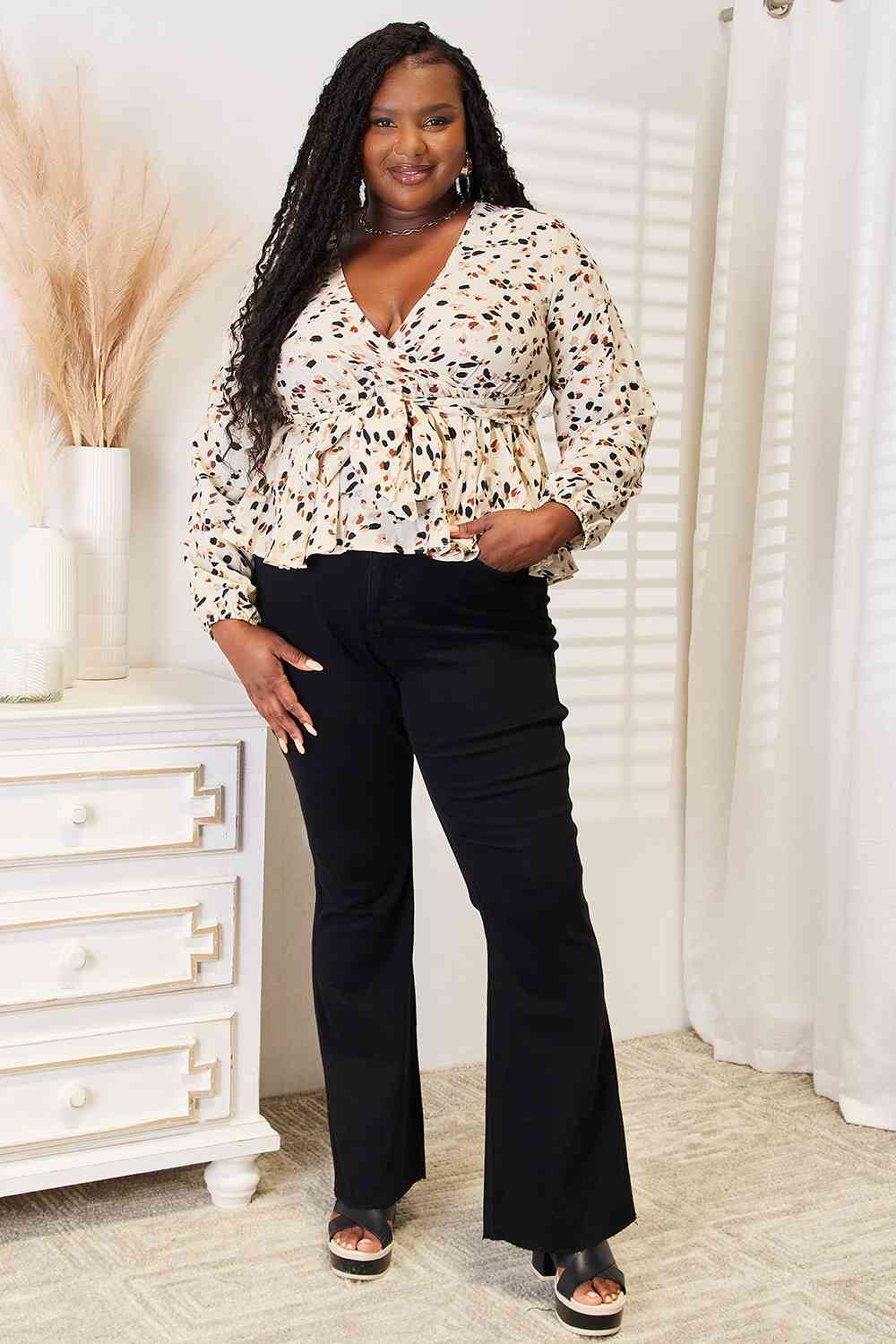 Honey Printed Tied Plunge Peplum Blouse.