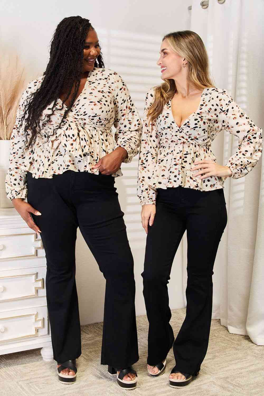 Honey Printed Tied Plunge Peplum Blouse.