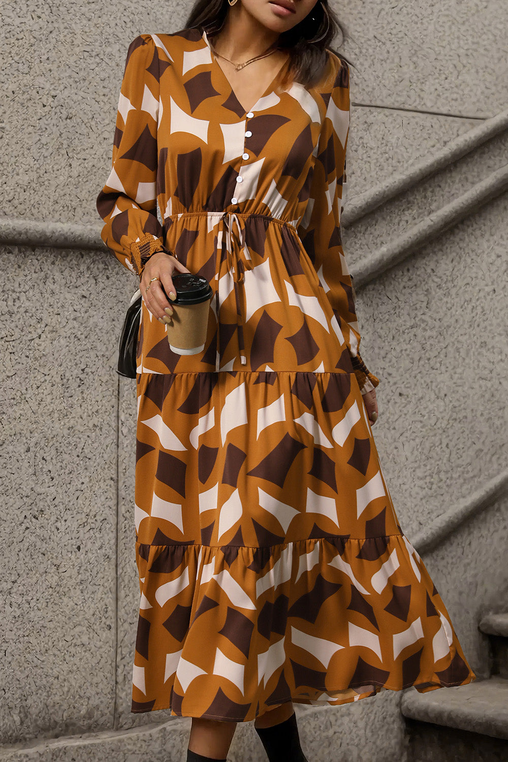 Perfee Printed Tied Pocketed Lantern Sleeve Dress.