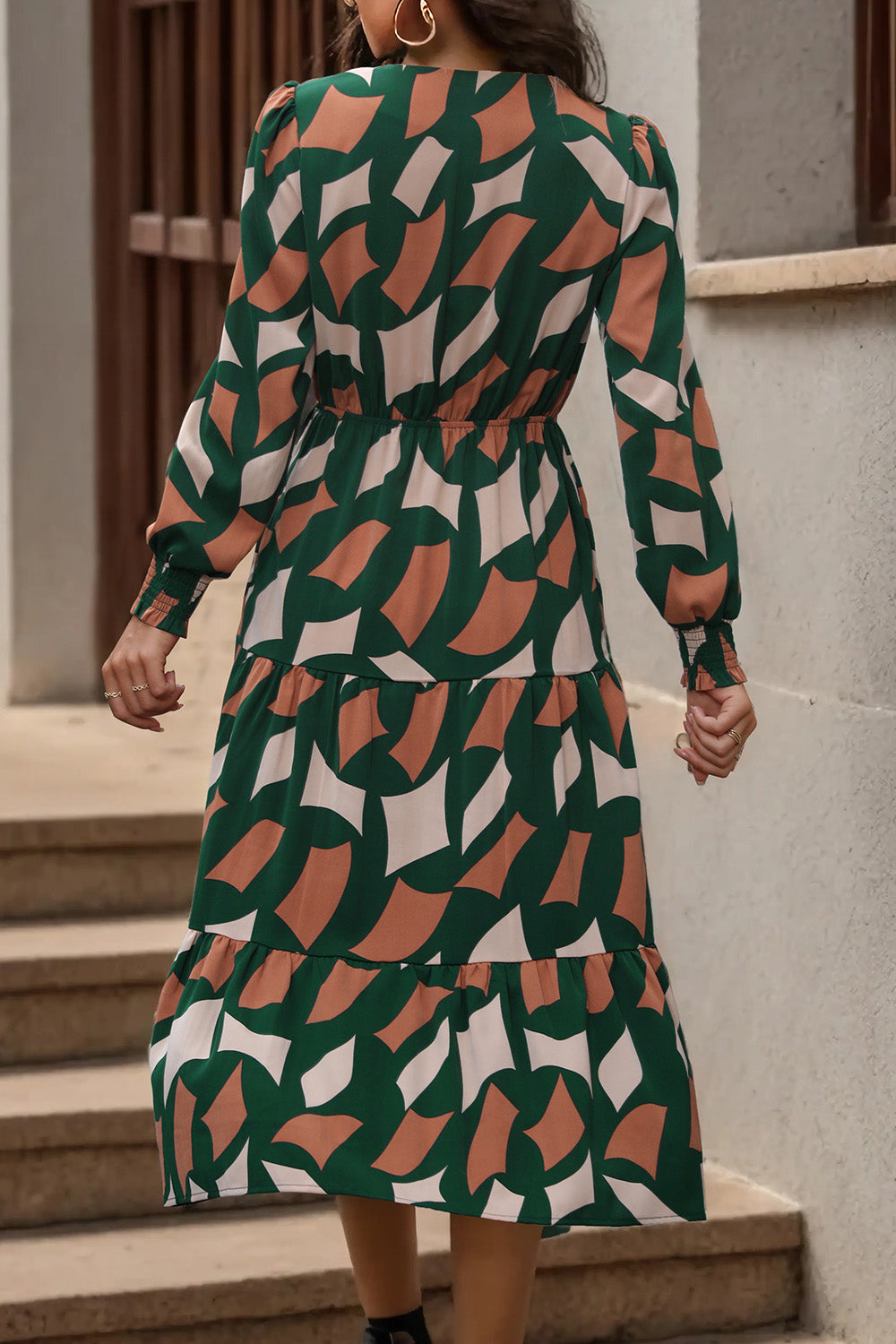 Perfee Printed Tied Pocketed Lantern Sleeve Dress.