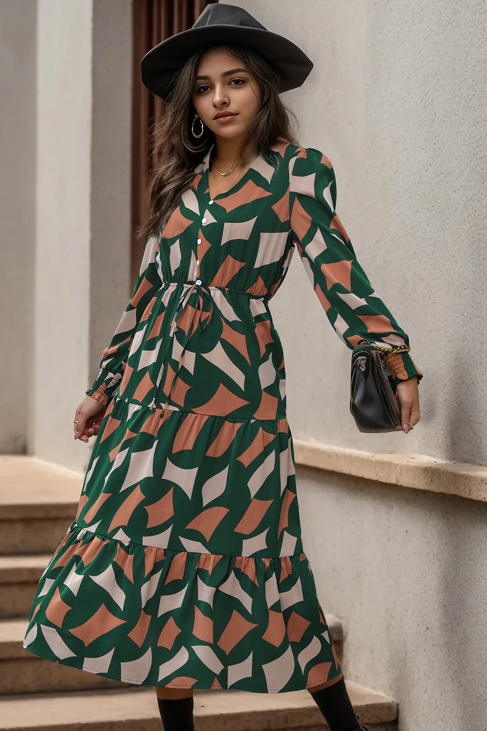 Perfee Printed Tied Pocketed Lantern Sleeve Dress.