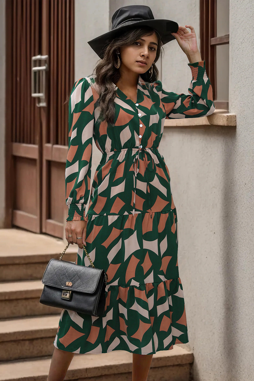 Perfee Printed Tied Pocketed Lantern Sleeve Dress.