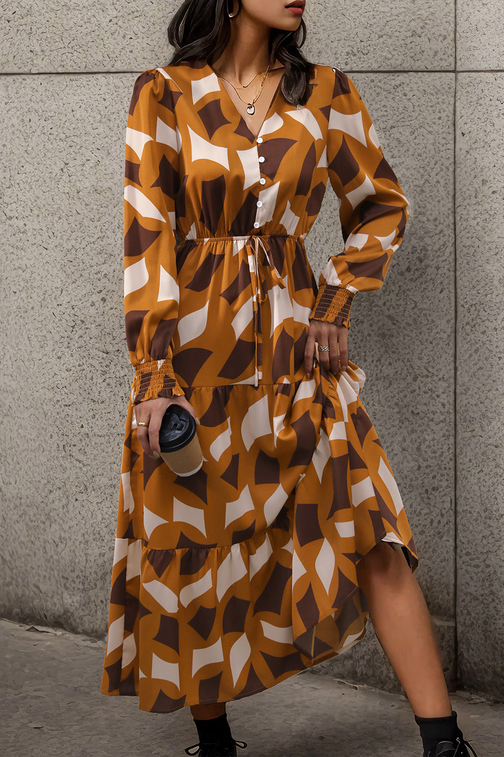 Perfee Printed Tied Pocketed Lantern Sleeve Dress.