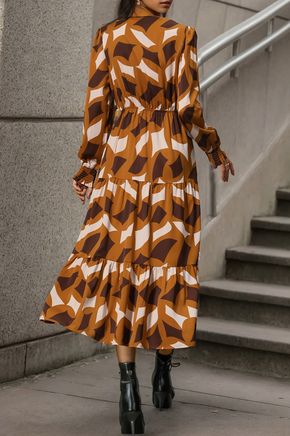 Perfee Printed Tied Pocketed Lantern Sleeve Dress.