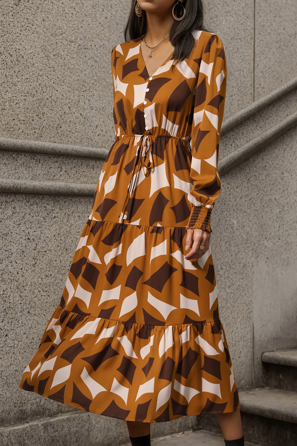 Perfee Printed Tied Pocketed Lantern Sleeve Dress.