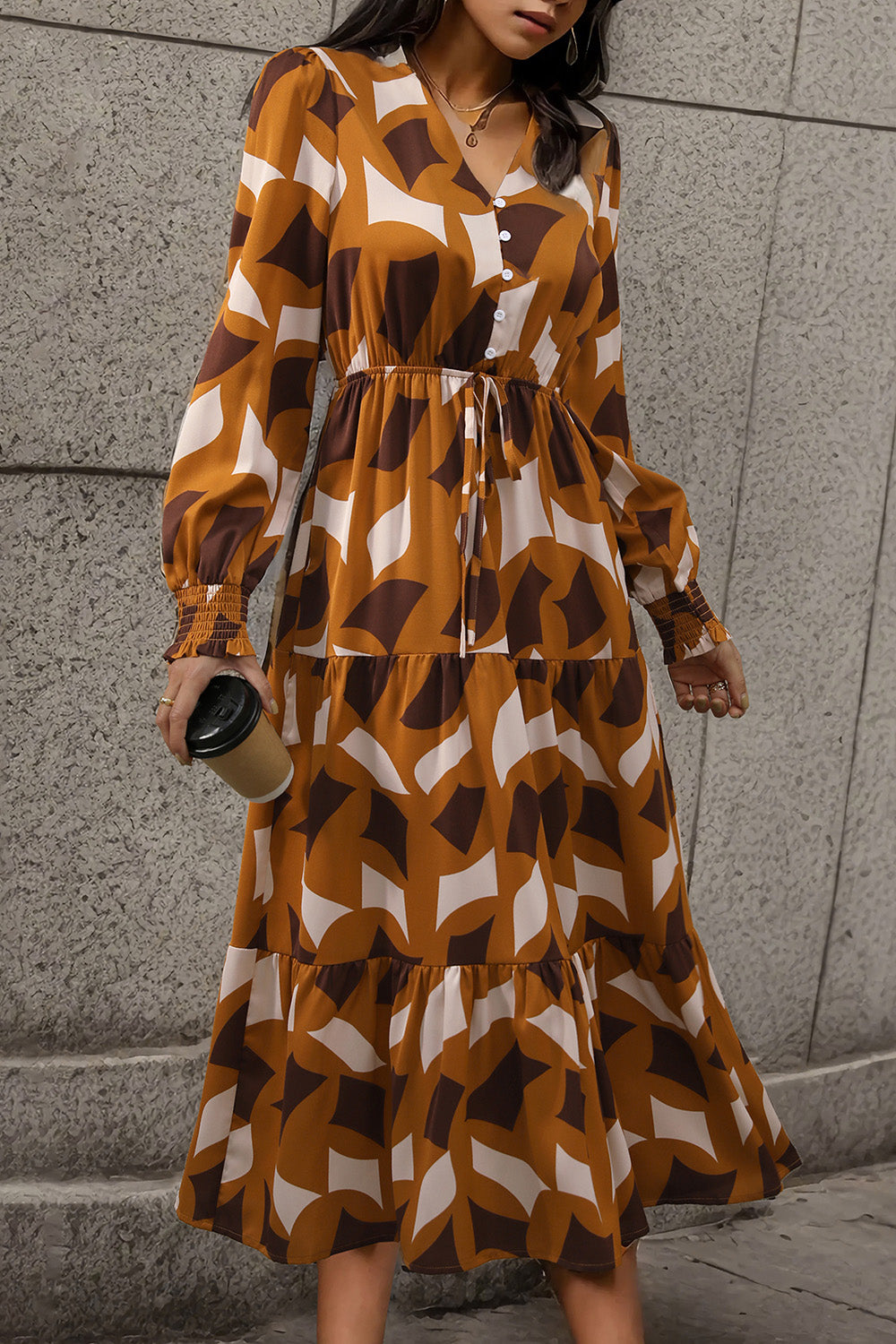 Perfee Printed Tied Pocketed Lantern Sleeve Dress.