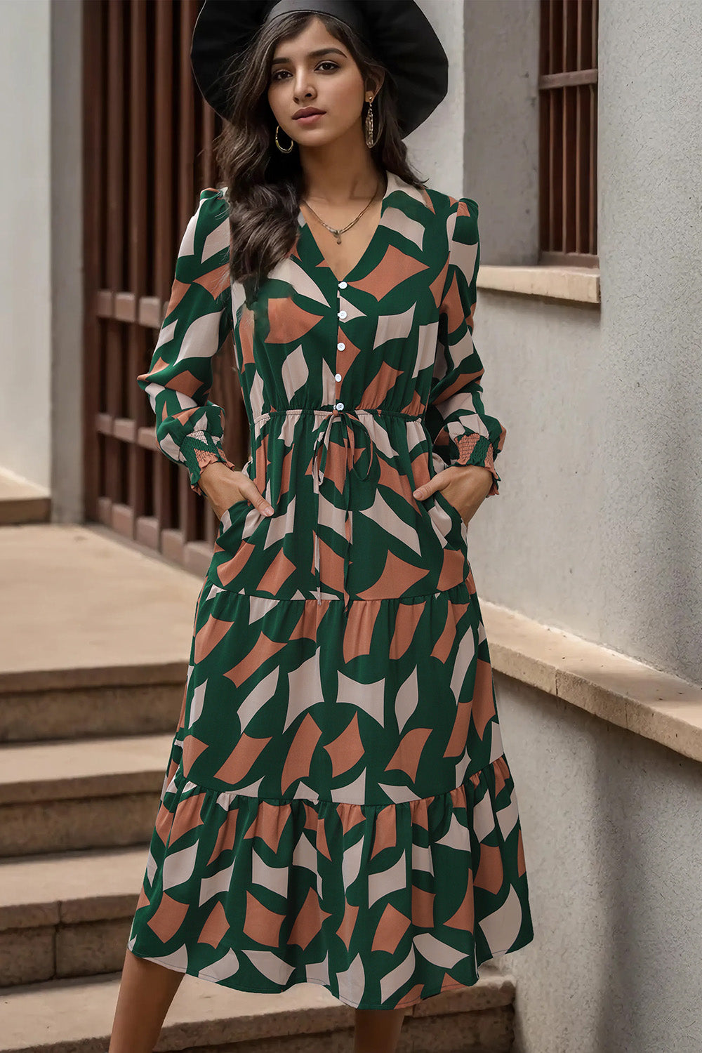 Perfee Printed Tied Pocketed Lantern Sleeve Dress.