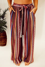 Printed tied wide leg pants with pockets, opaque.