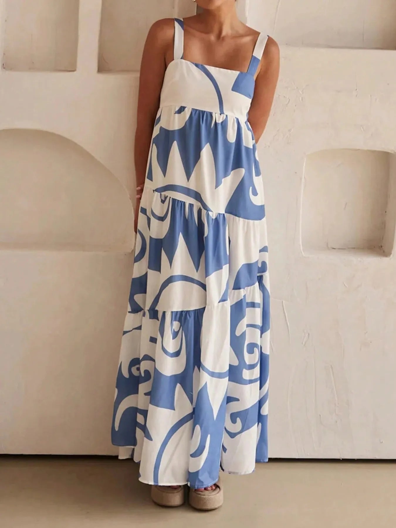 Floral Ruffled V-Neck Midi Dress with Button Front.