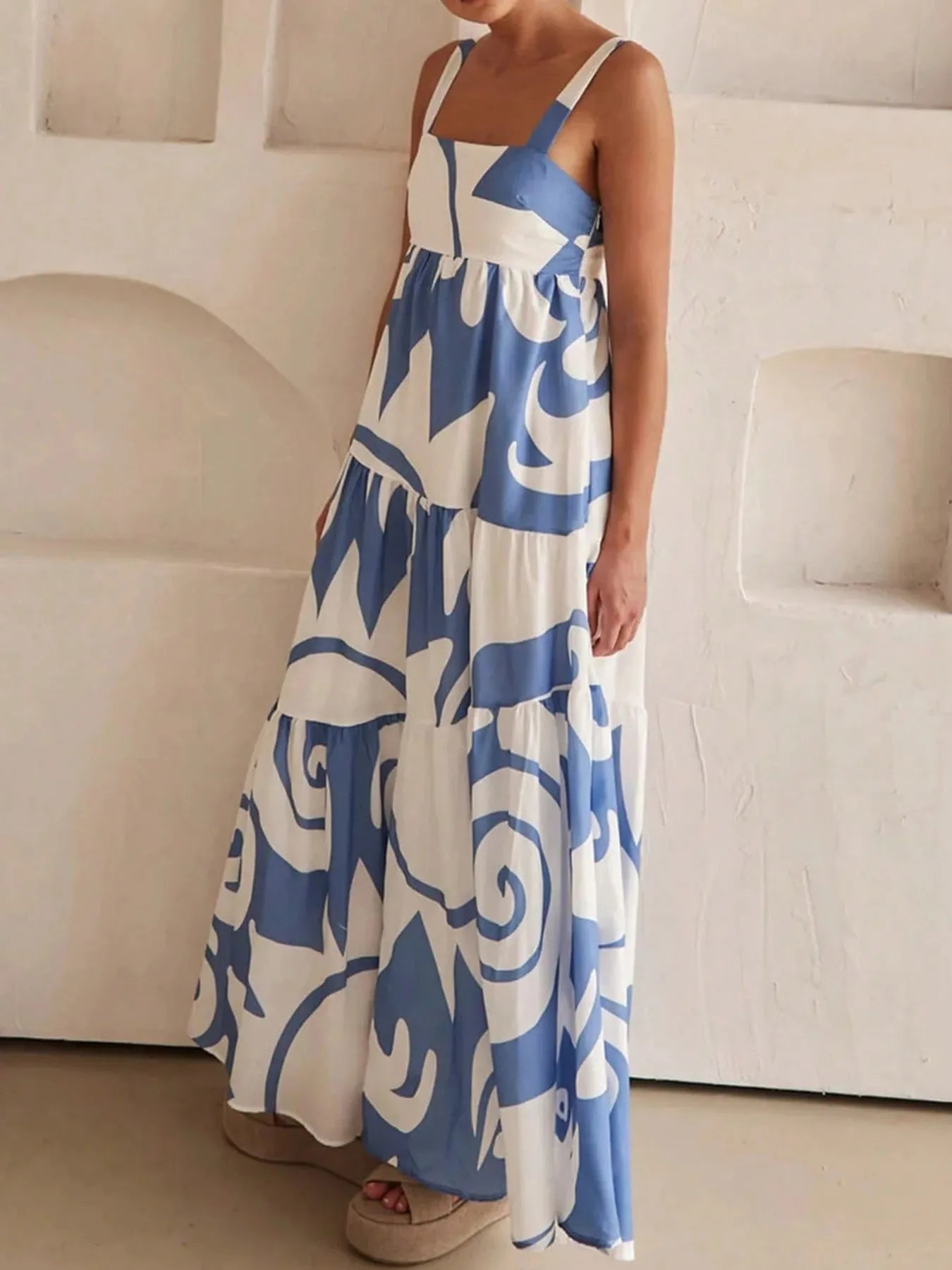 Printed Tiered Square Neck Maxi Dress.