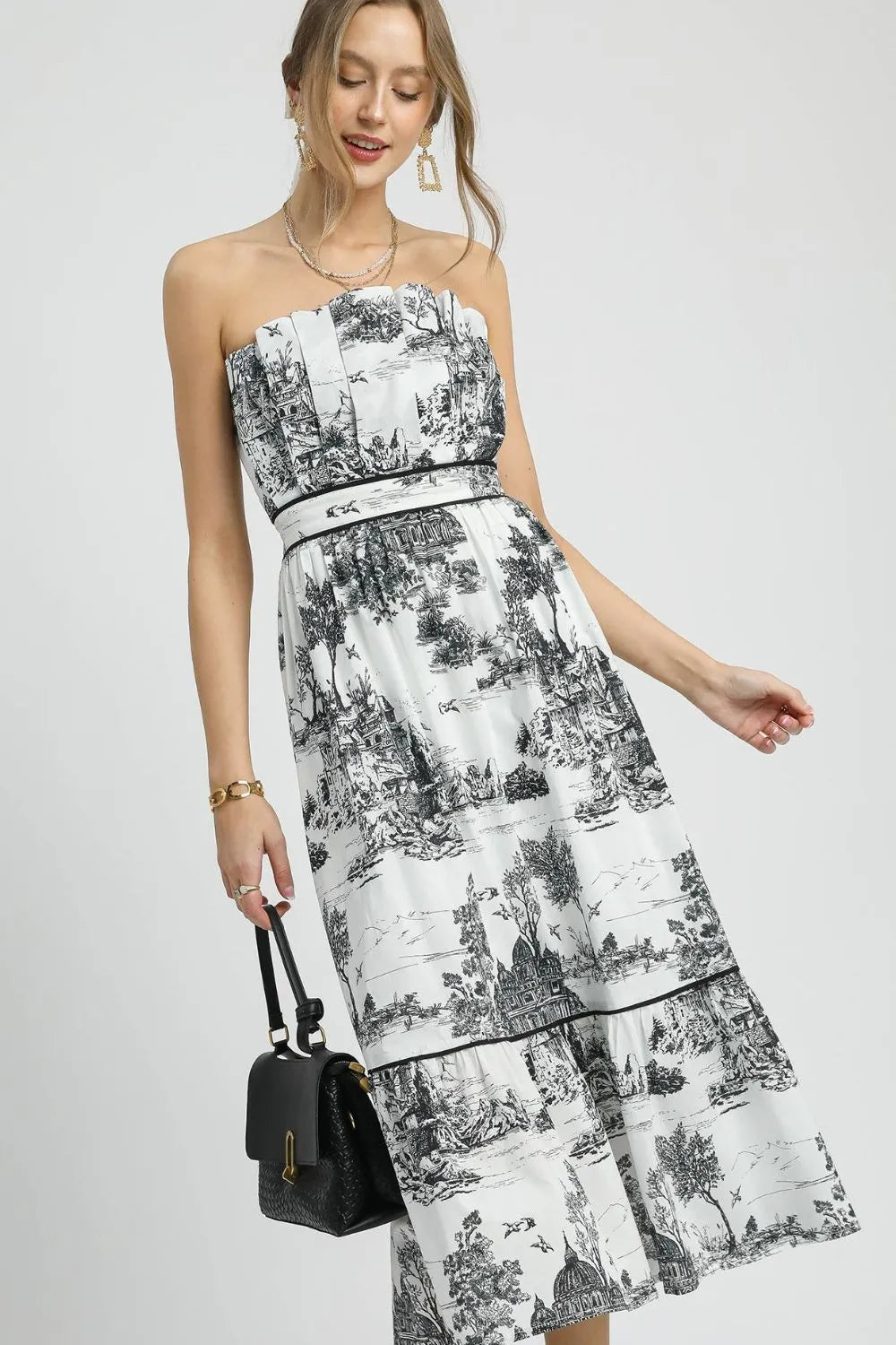 Umgee Printed Tiered Tube Midi Dress.