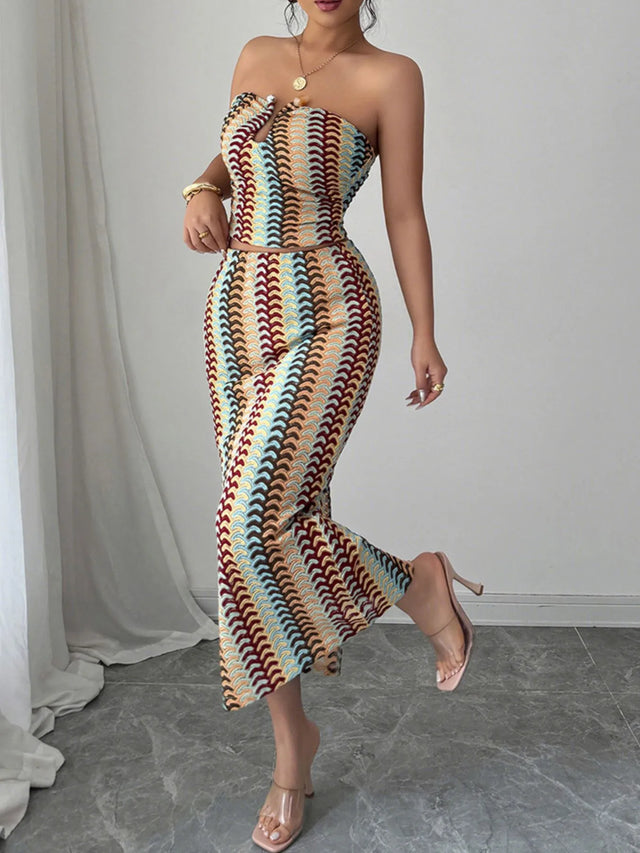 Printed Tube Top and Skirt Set.