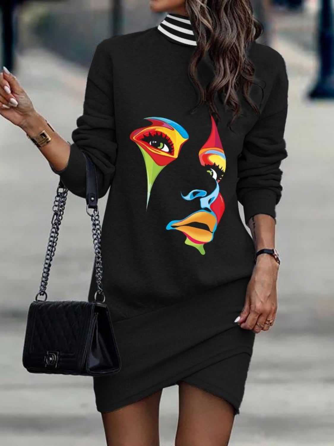 Printed Turtleneck Long Sleeve Mini Dress.