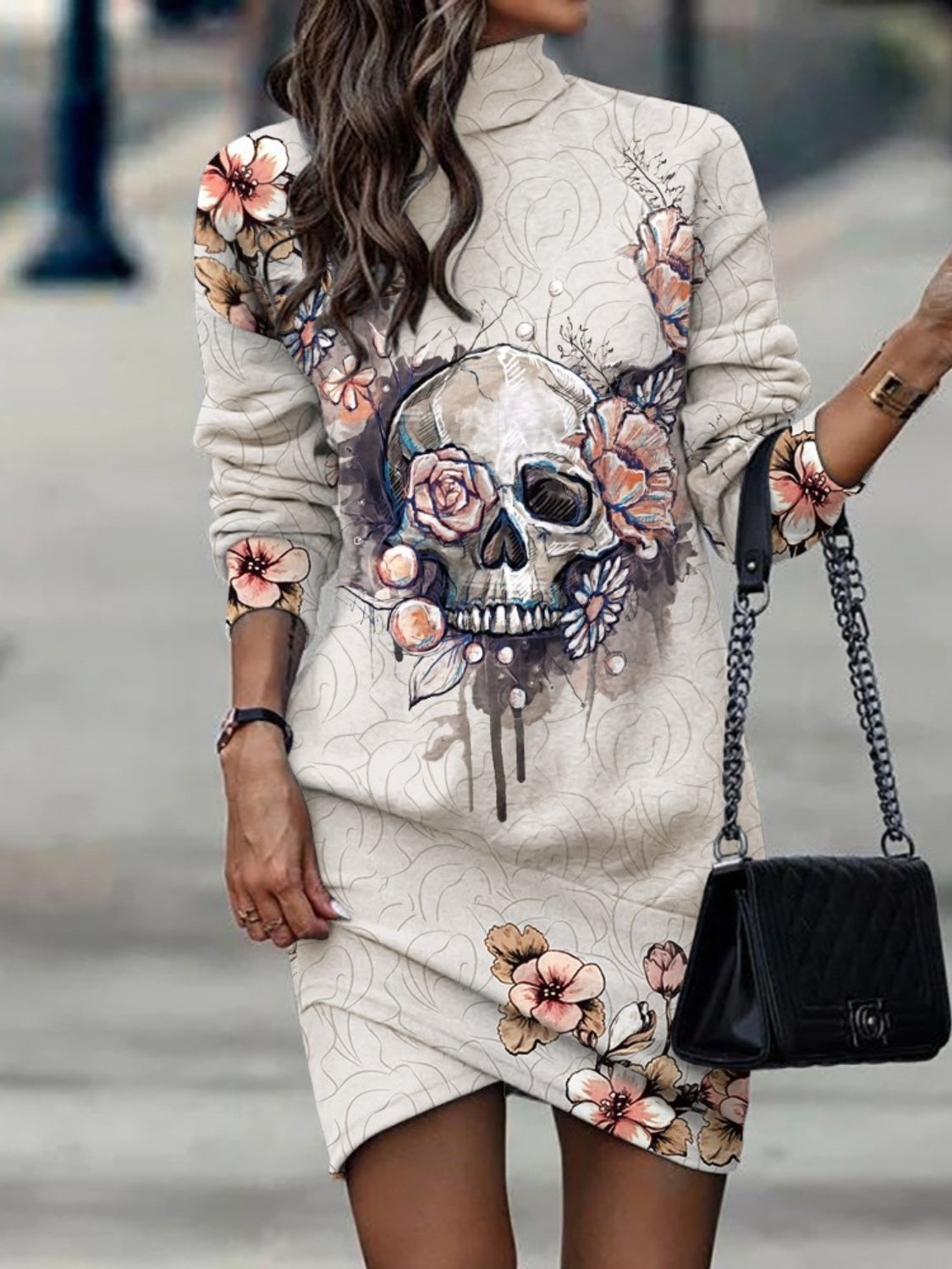 Printed Turtleneck Long Sleeve Mini Dress.