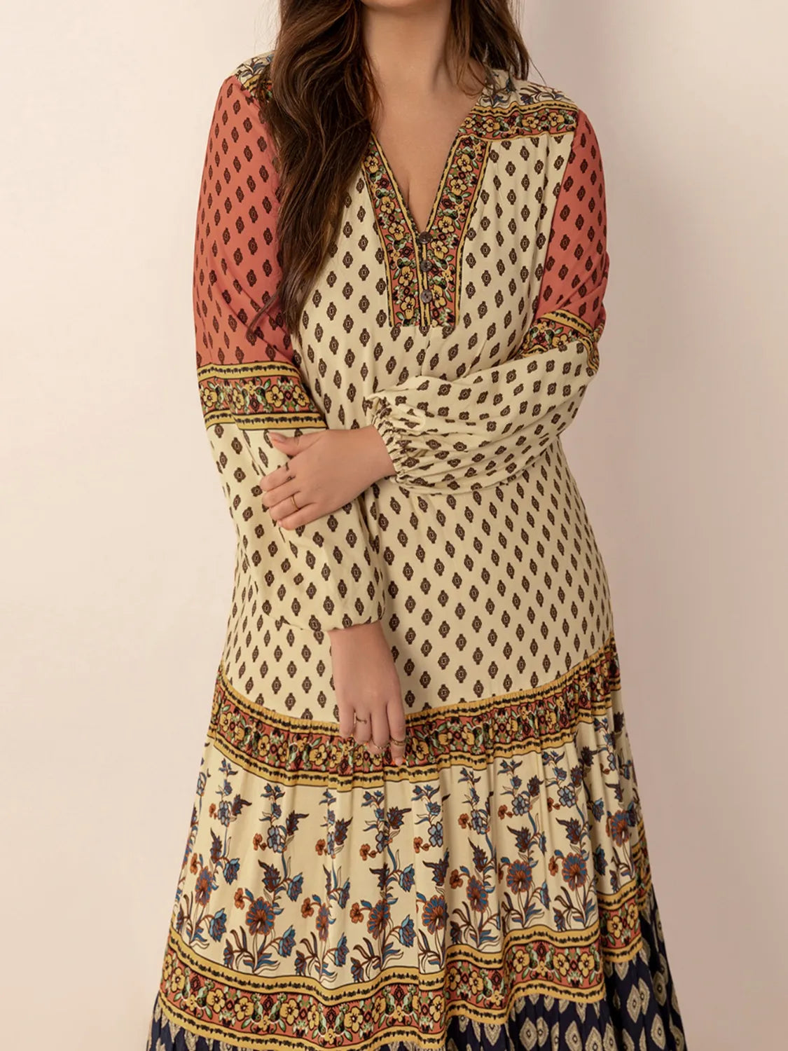 Printed V-Neck Balloon Sleeve Maxi Dress.