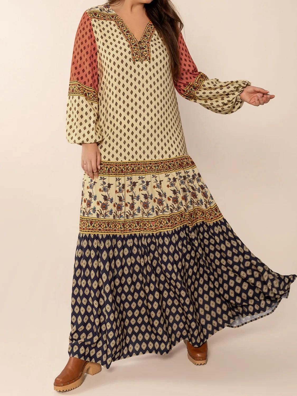 Printed V-Neck Balloon Sleeve Maxi Dress.