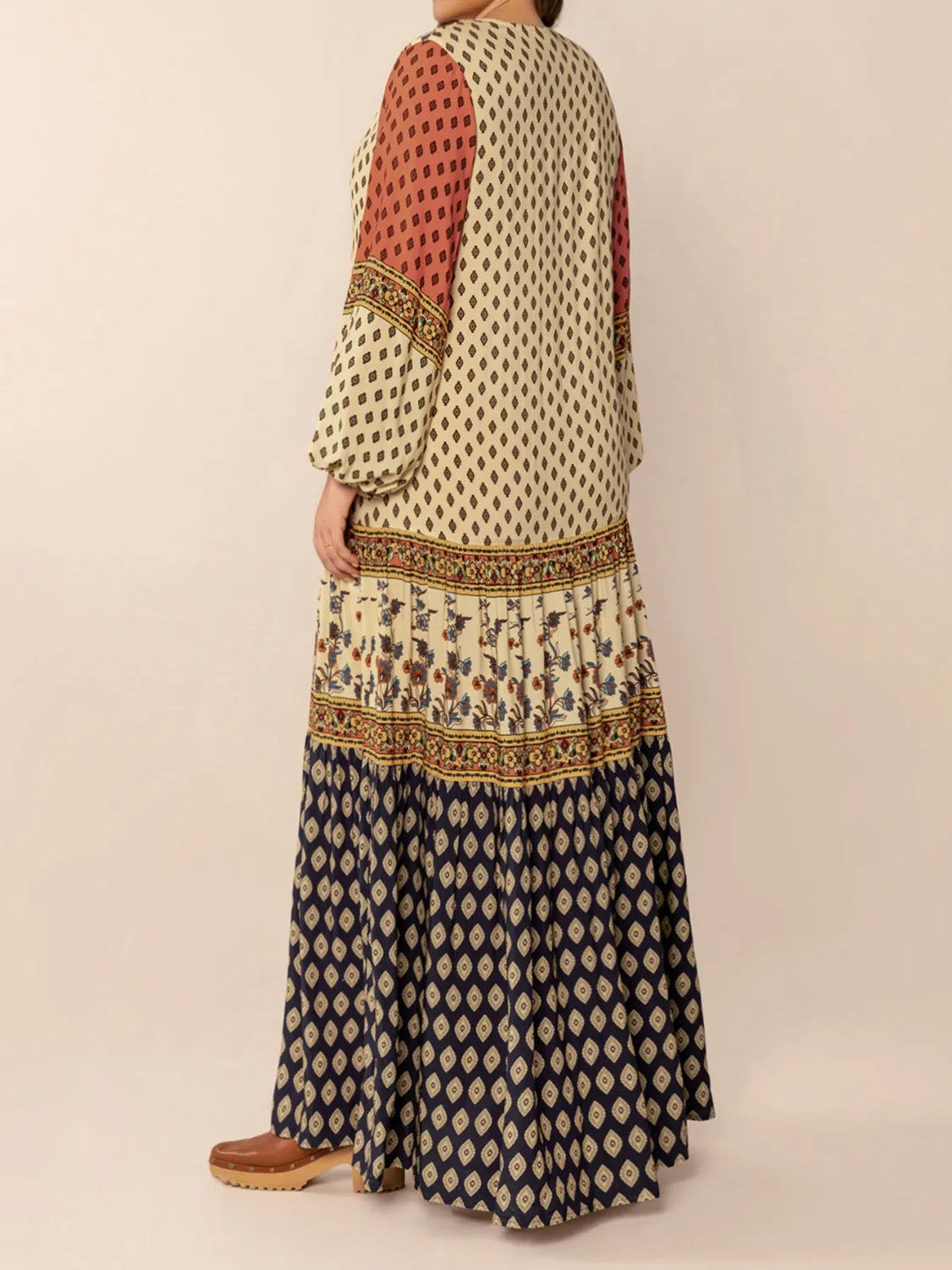 Printed V-Neck Balloon Sleeve Maxi Dress.
