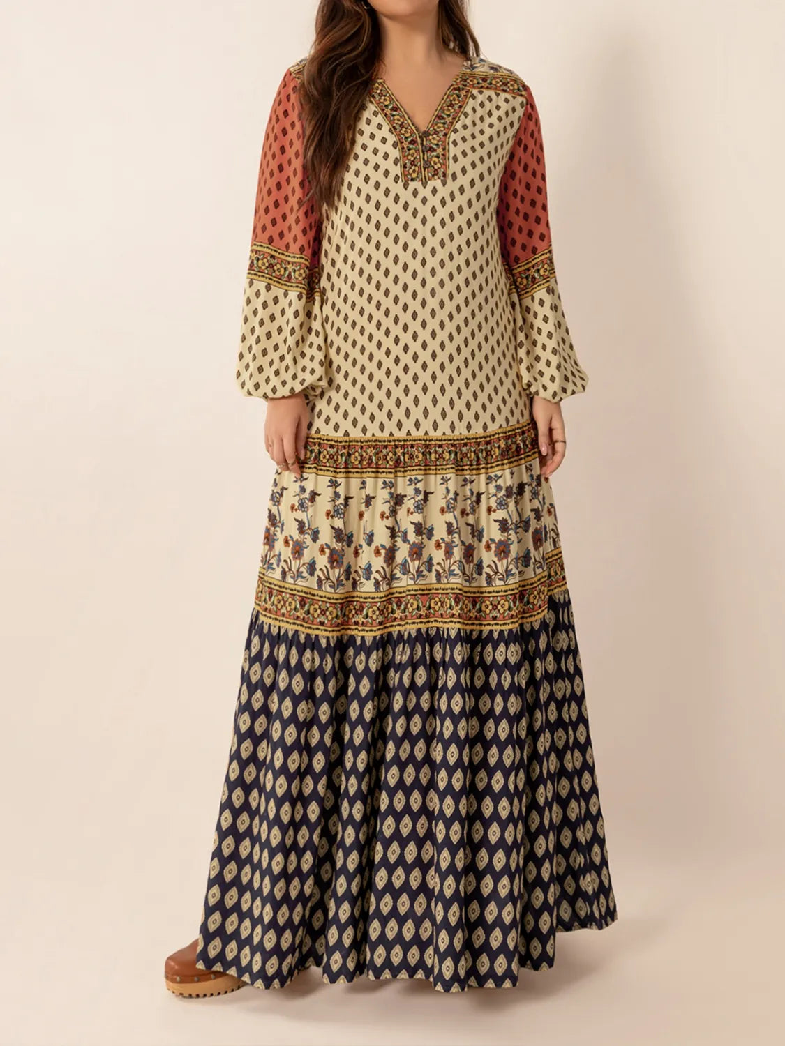 Printed V-Neck Balloon Sleeve Maxi Dress.