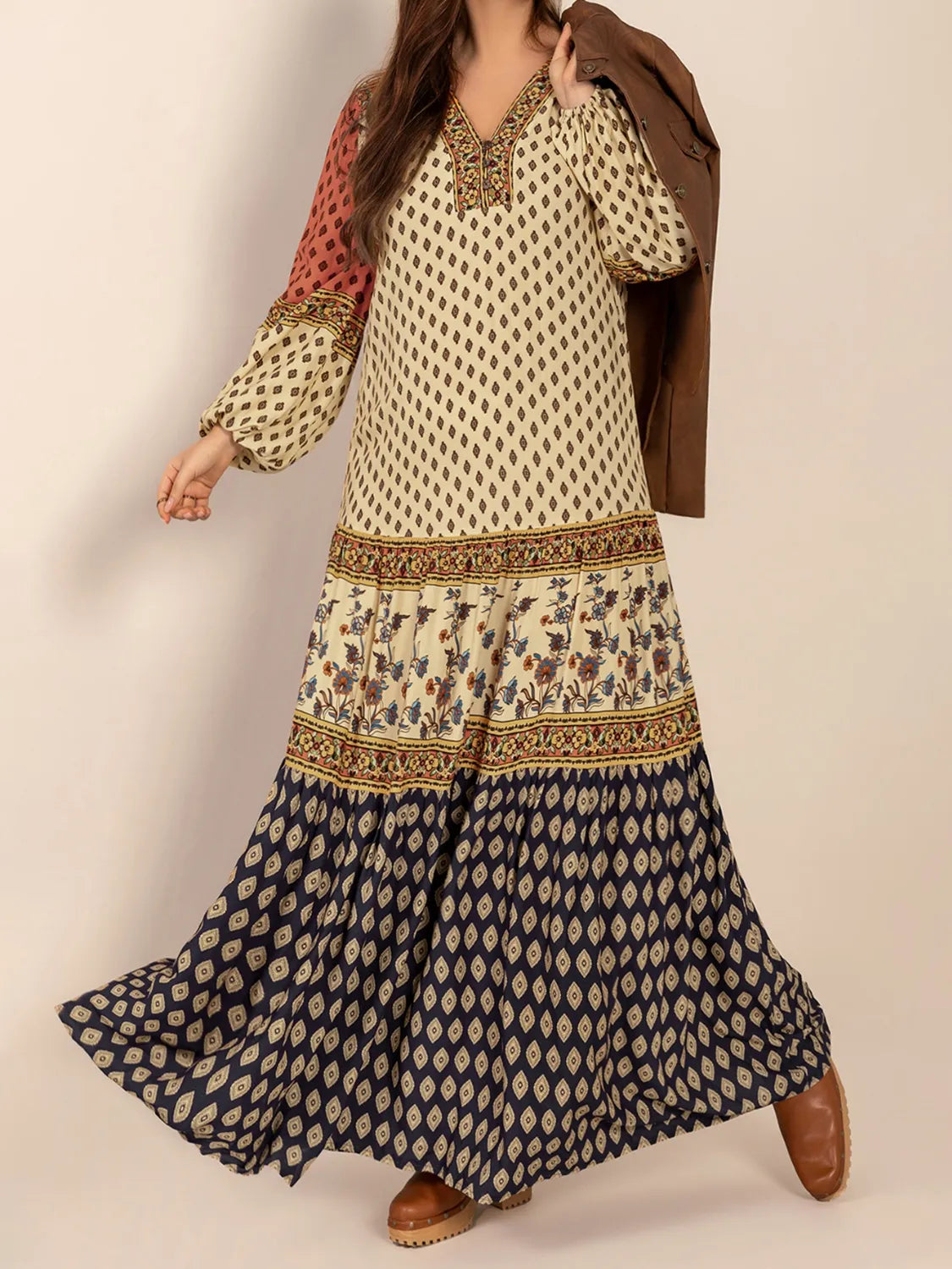 Printed V-Neck Balloon Sleeve Maxi Dress.