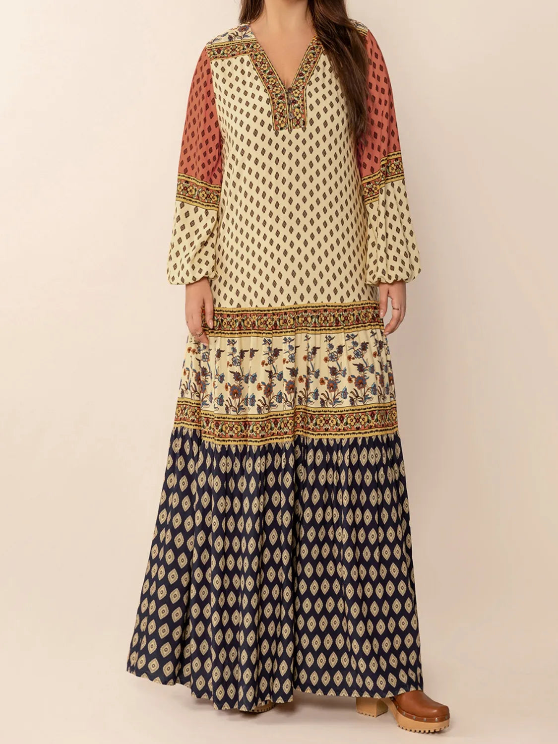 Printed V-Neck Balloon Sleeve Maxi Dress.