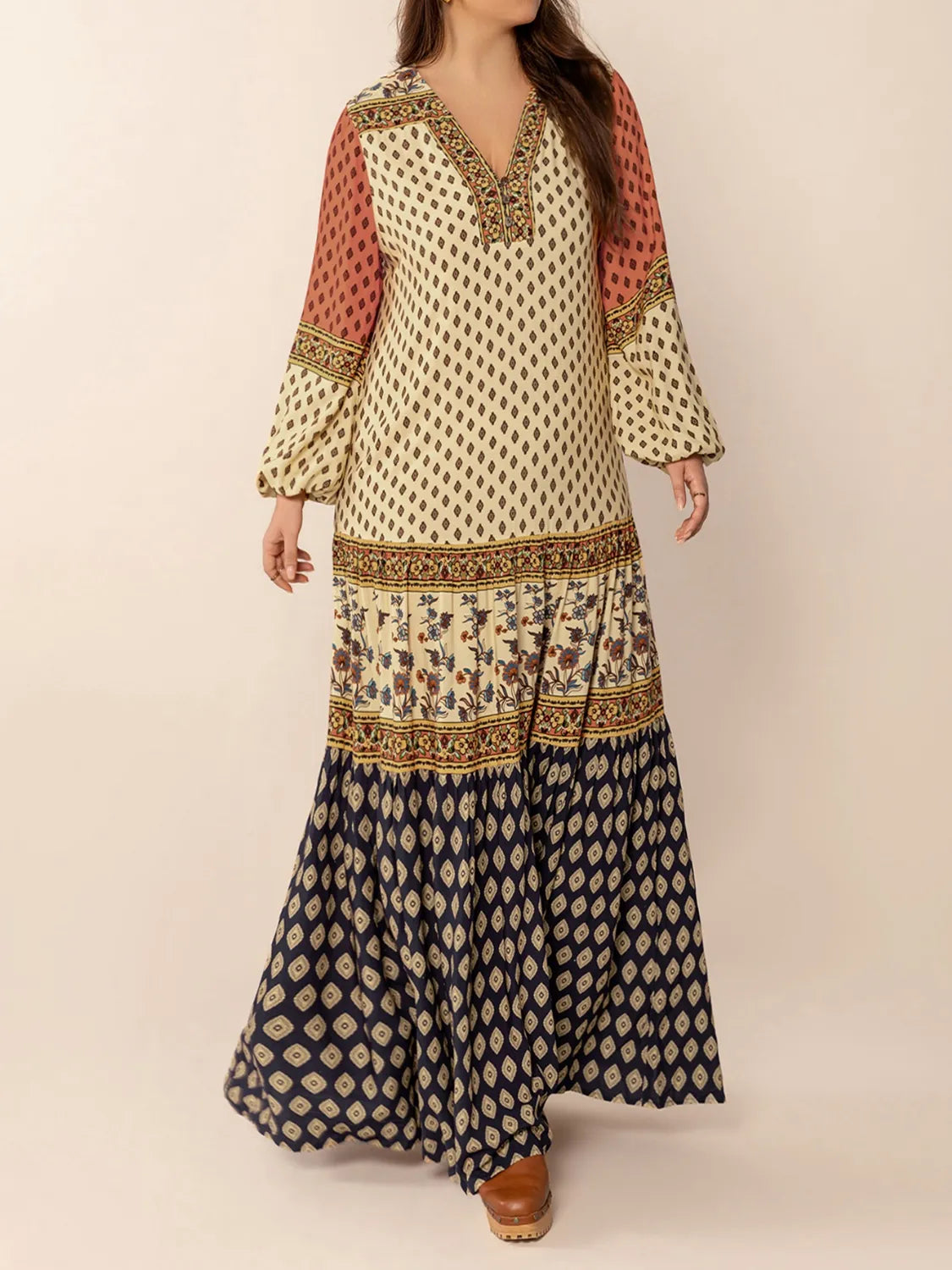 Printed V-Neck Balloon Sleeve Maxi Dress.