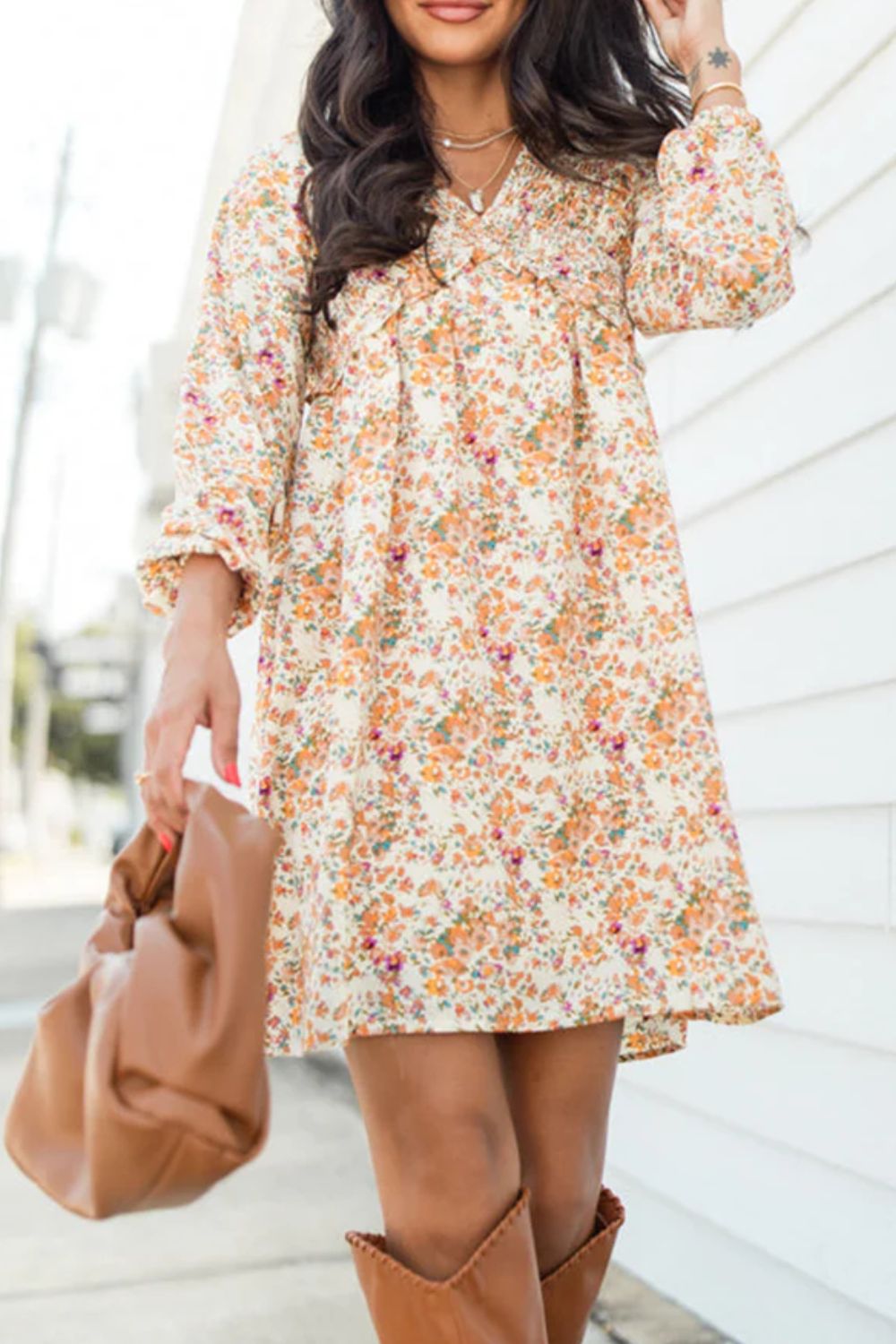 Printed V-Neck Balloon Sleeve Mini Dress.