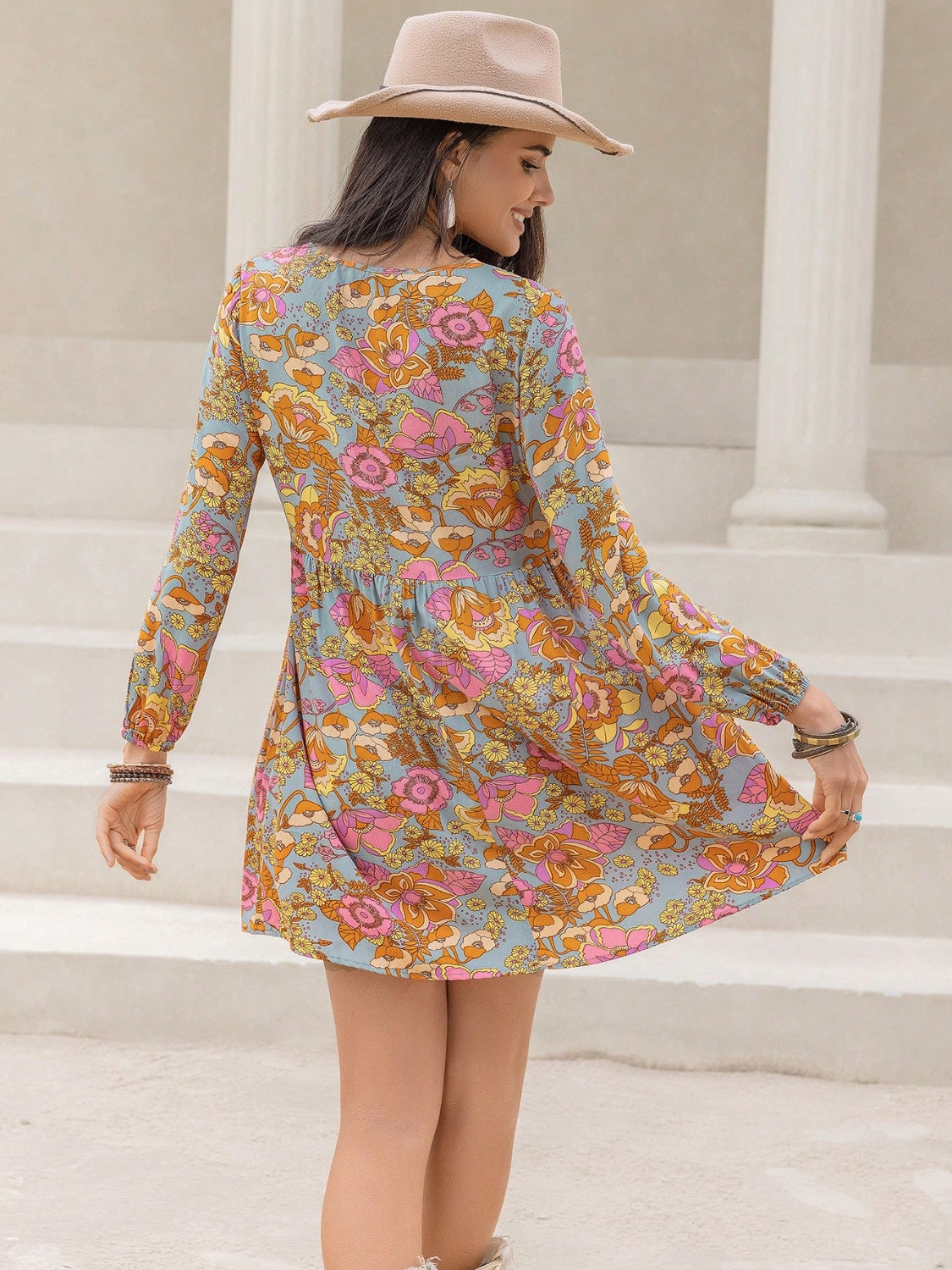Printed V-Neck Balloon Sleeve Mini Dress.