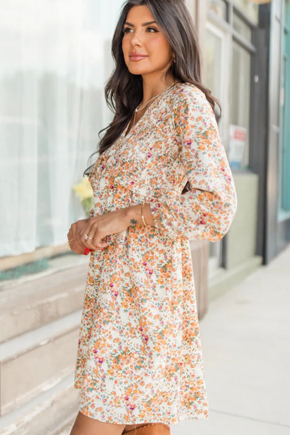 Printed V-Neck Balloon Sleeve Mini Dress.