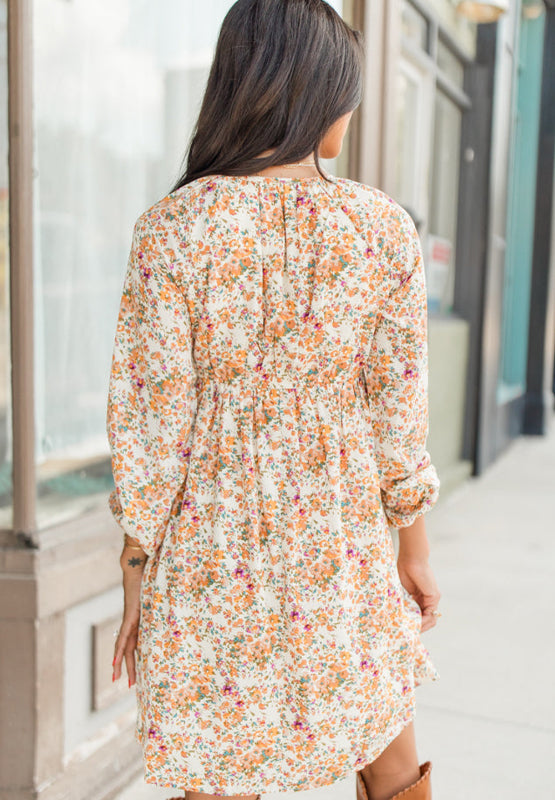 Printed V-Neck Balloon Sleeve Mini Dress.