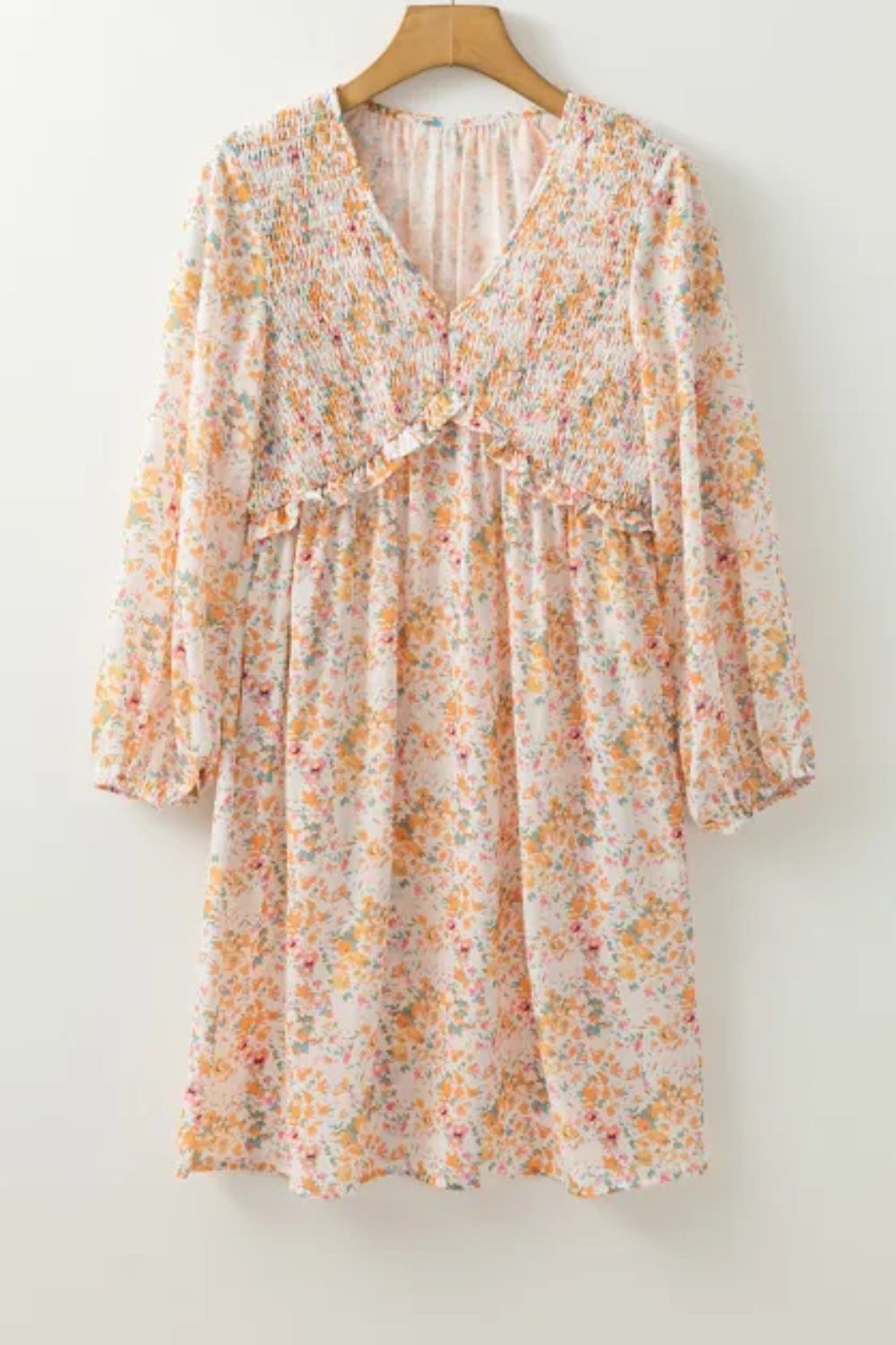 Printed V-Neck Balloon Sleeve Mini Dress.