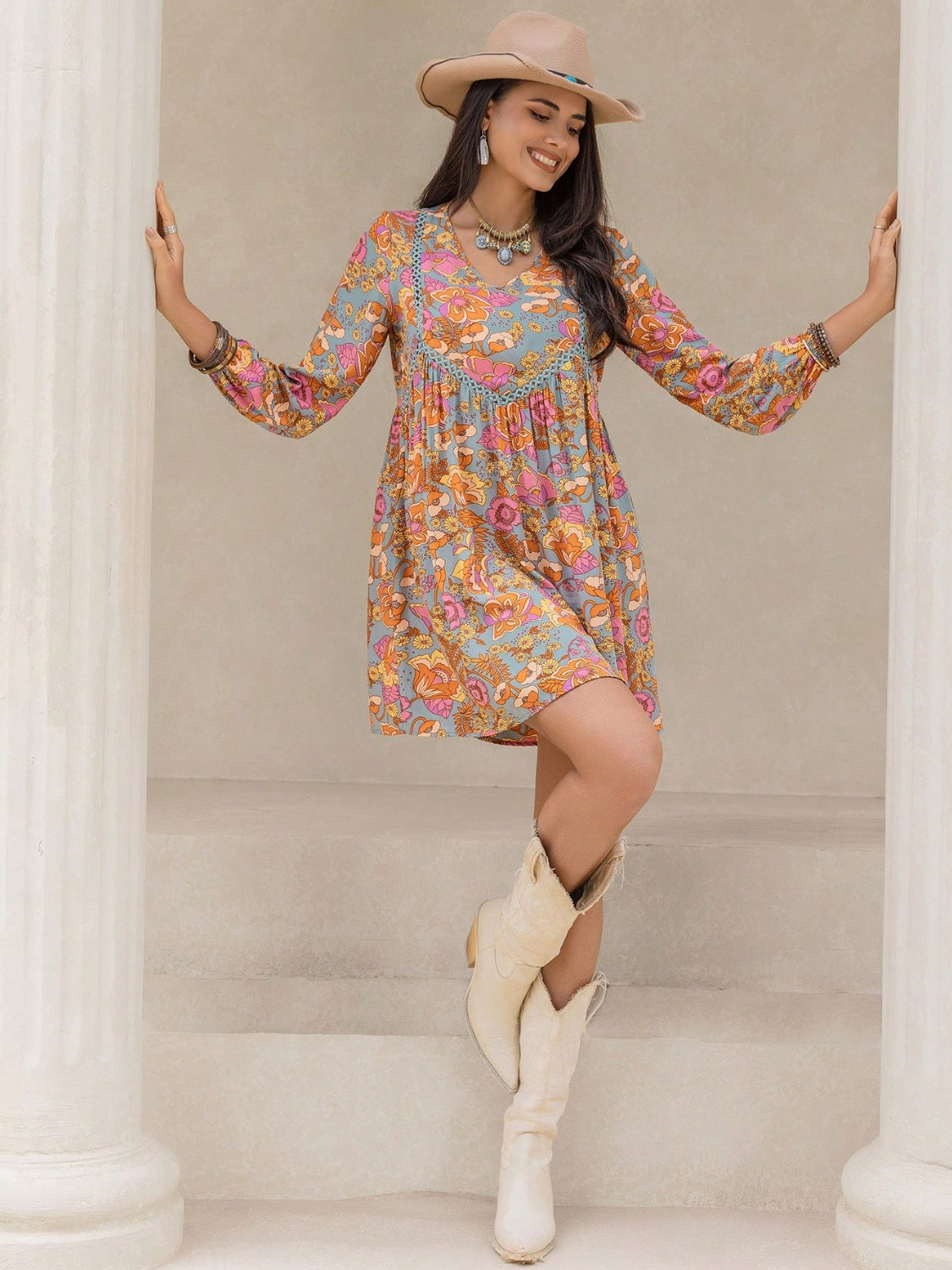 Printed V-Neck Balloon Sleeve Mini Dress.