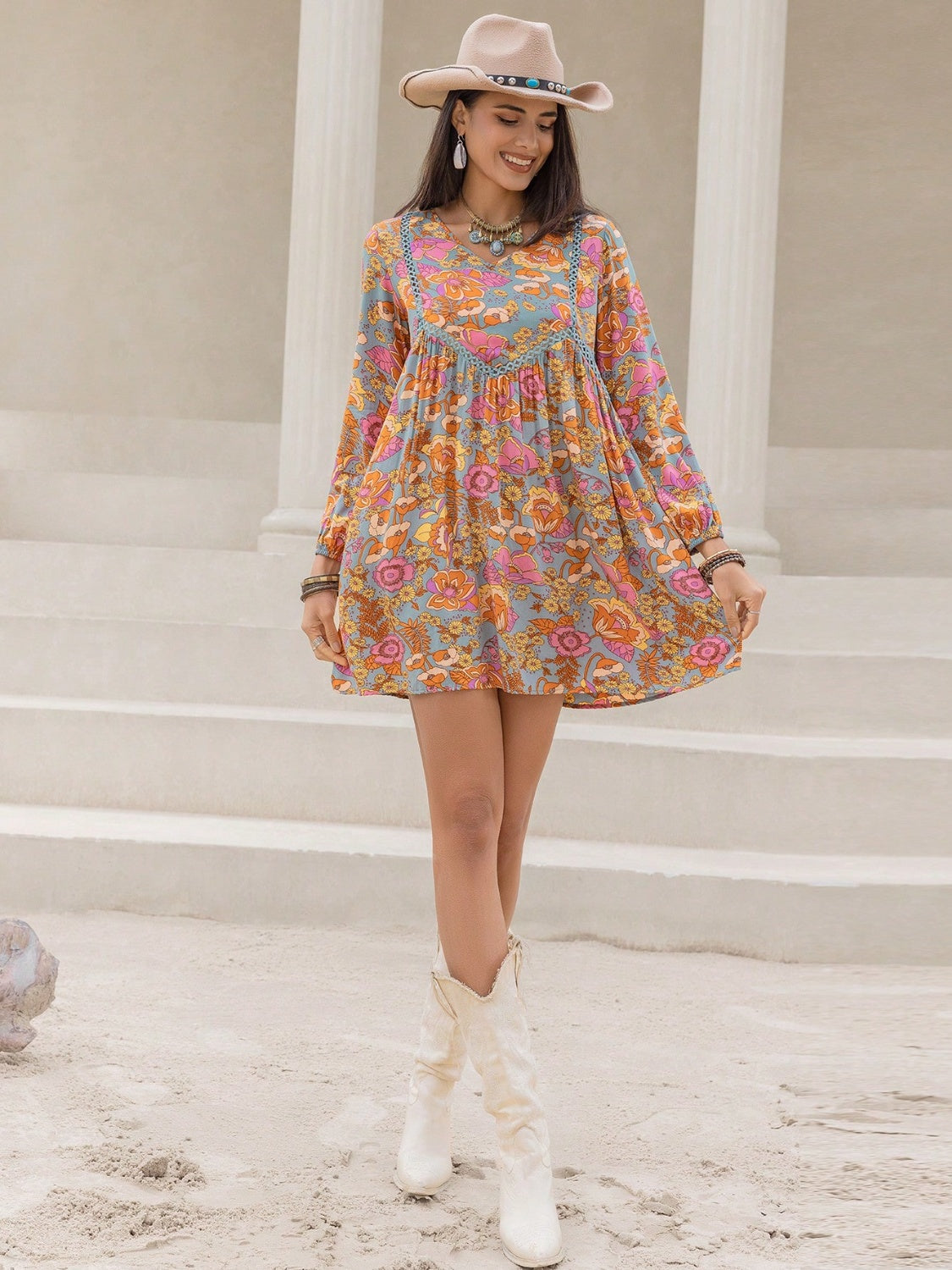 Printed V-Neck Balloon Sleeve Mini Dress.