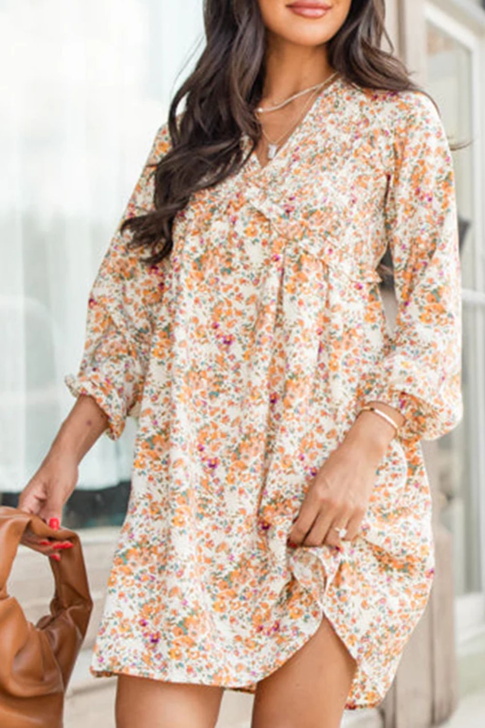 Printed V-Neck Balloon Sleeve Mini Dress.