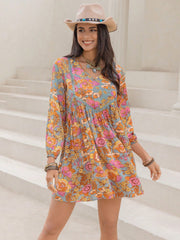 Printed V-Neck Balloon Sleeve Mini Dress.
