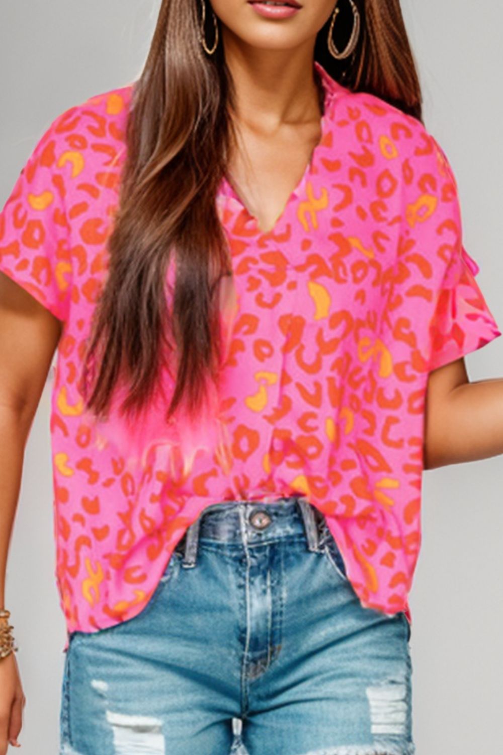 Printed V-Neck Cap Sleeve Blouse.