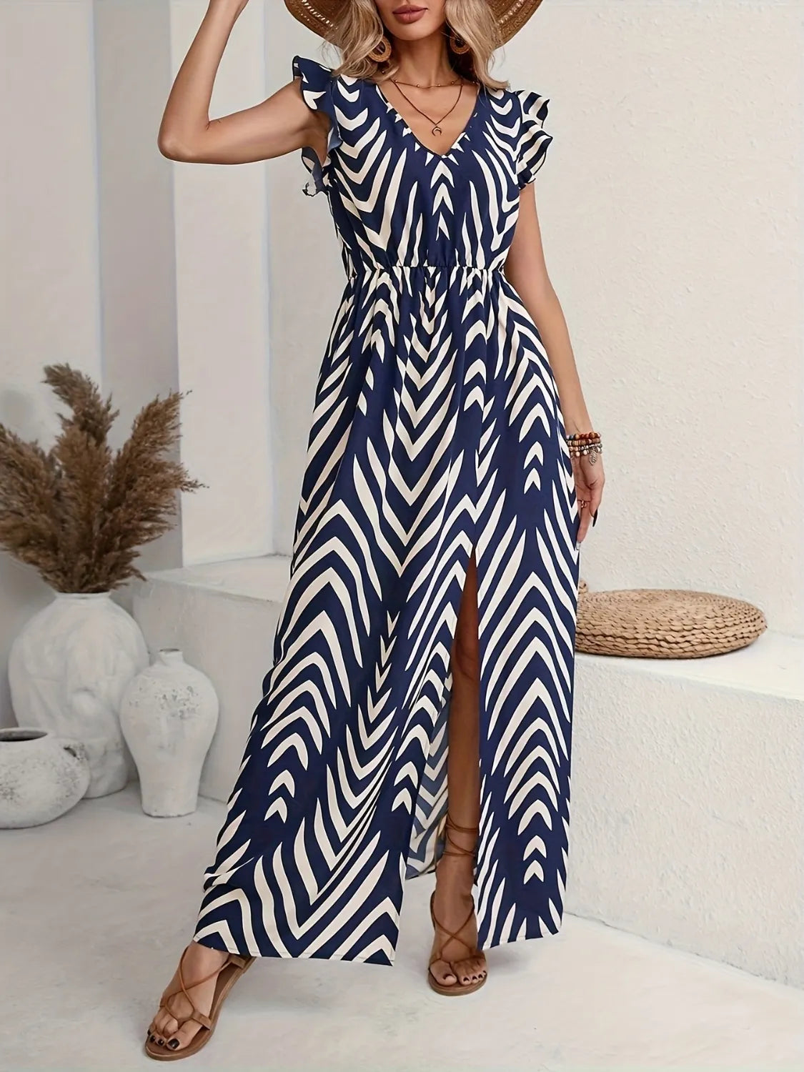 Printed V-Neck Cap Sleeve Maxi Dress.